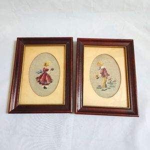 Victorian Boy Girl Petite Pointe Embroidery Framed Pieces